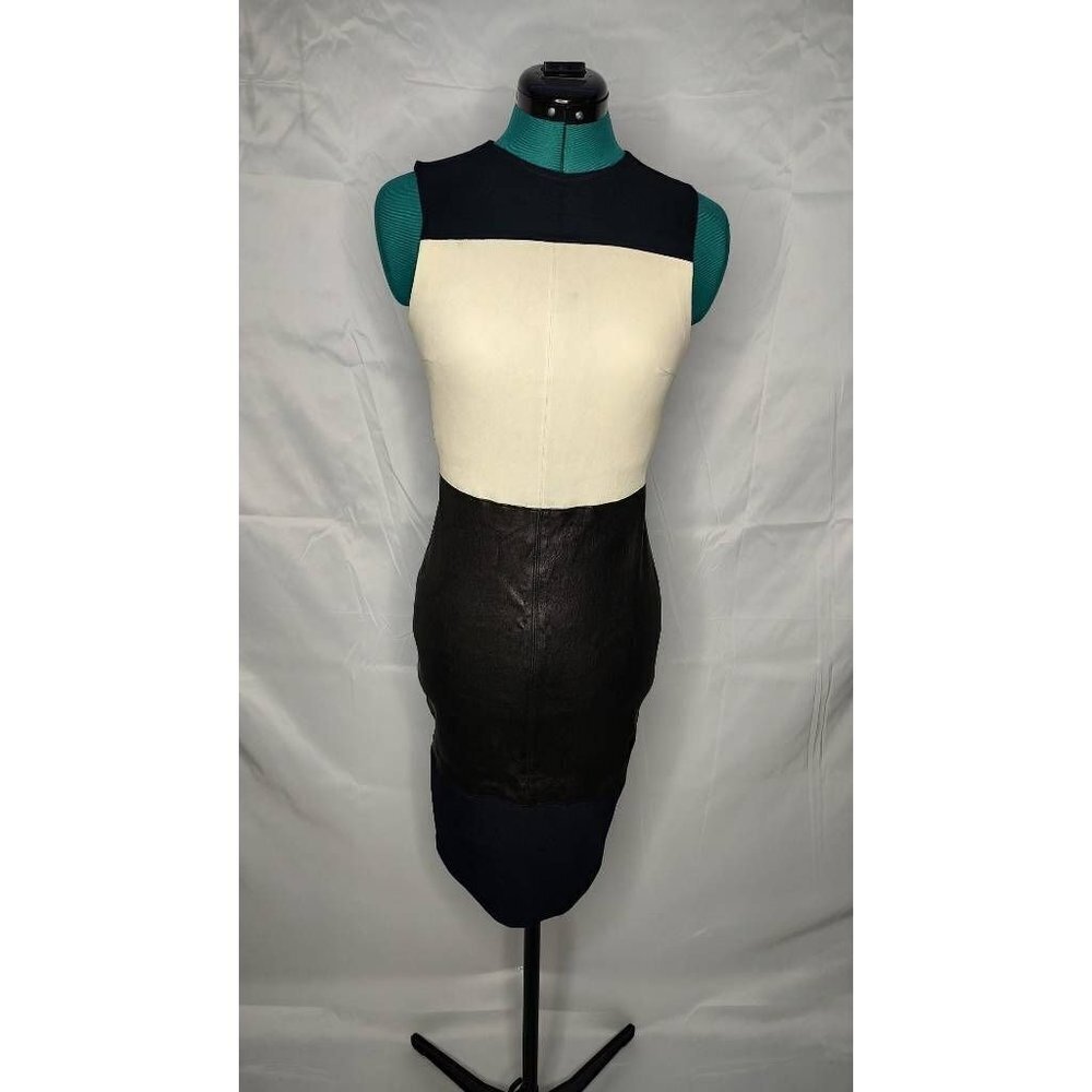 *A.l.c. Womens Sheath Dress Off White Black Color Block Leather Sleeveless M